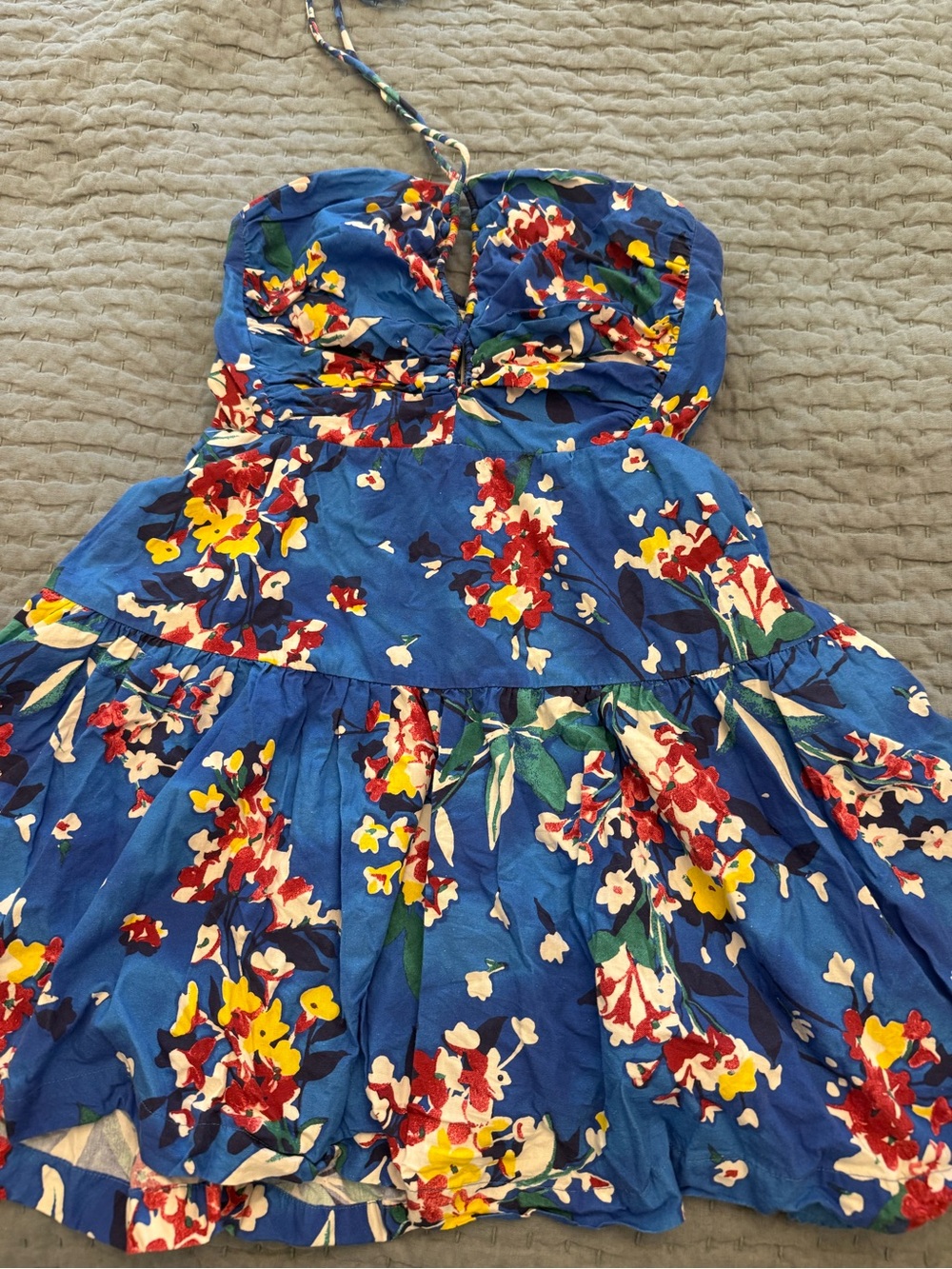 Anthropologie Blue Floral Halter Dress with Red & Yellow Accents